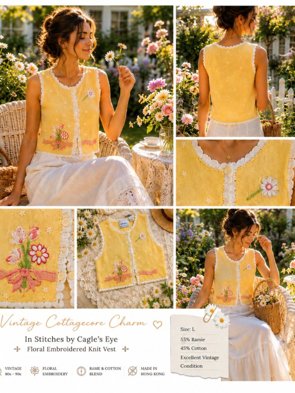 Vintage In Stitches by Cagle’s Eye Yellow Floral Embroidered Knit Vest Size L